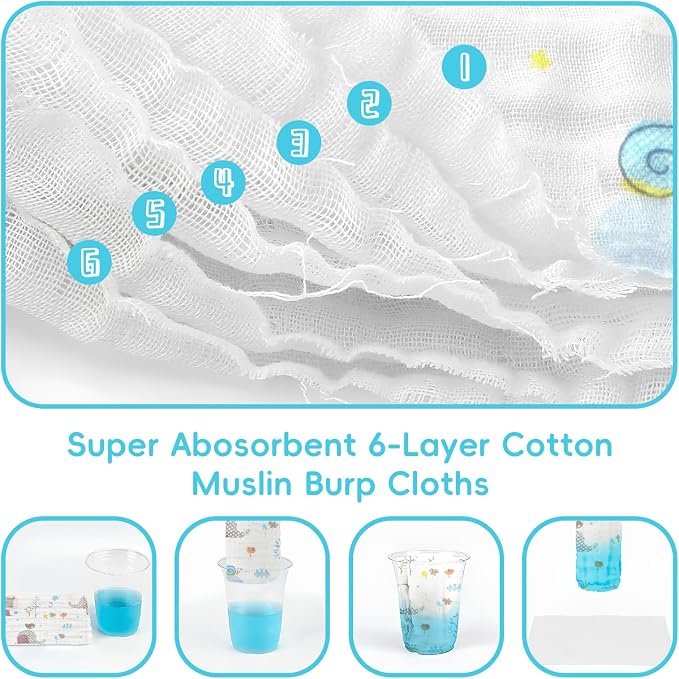 FOOK FISH Muslin Burp Cloths Cotton Burping Cloth 20'' X 10'' Pack of 6 - Image 5