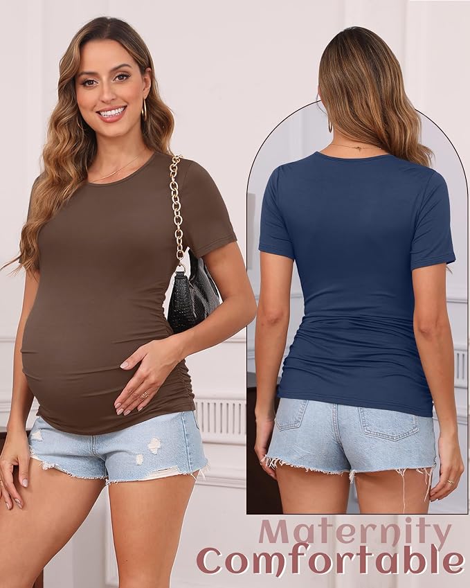Huukeay 4 Pack Women's Maternity Shirts, Crew Neck Maternity Top Short Sleeve - Image 2