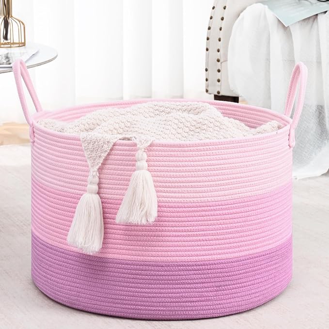 67L Rainbow Storage Basket for Organizing, Cotton Rope Woven Blanket Basket by Degeyoyo