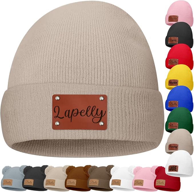 Custom Baby Beanies Personalized Toddler Winter Hats Name Leather Patch Kids by Unknown
