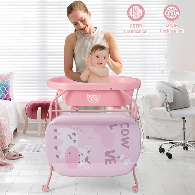BABY JOY Baby Bathtub with Changing Table, Foldable Infant Diaper Changing - Image 8