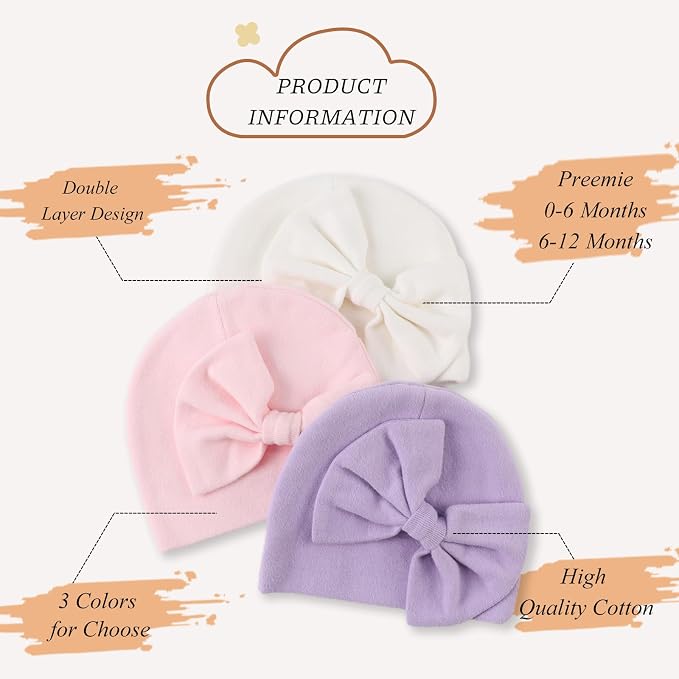 Bamery Newborn Baby Girl Hat Cotton Baby Bow Beanie Preemie Hats Spring Infant - Image 2