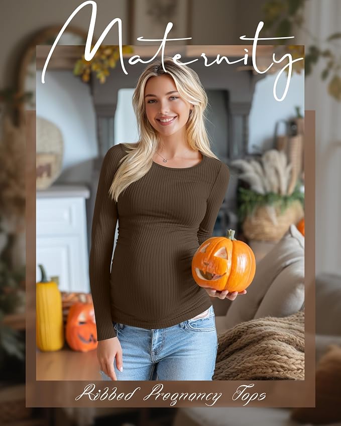Huukeay 4 Pack Women's Maternity Shirts, Long Sleeve Cotton Ribbed Pregnancy - Image 3