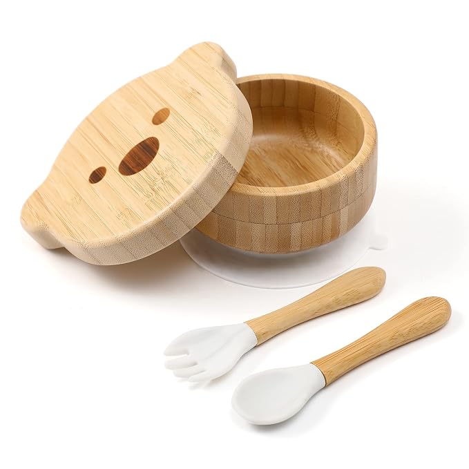 Baby Bowls with Lid, HBM Bamboo Suction Bowls by HIBABYMONMENT