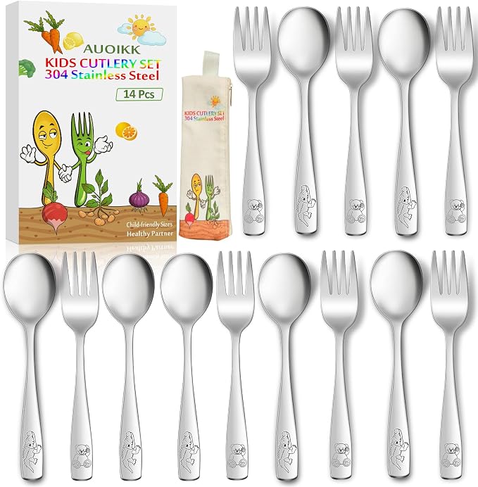 14-Piece Toddler Flatware, Kids Utensils Stainless Steel Cutlery Set, Children by AUOIKKHOMEGARDEN