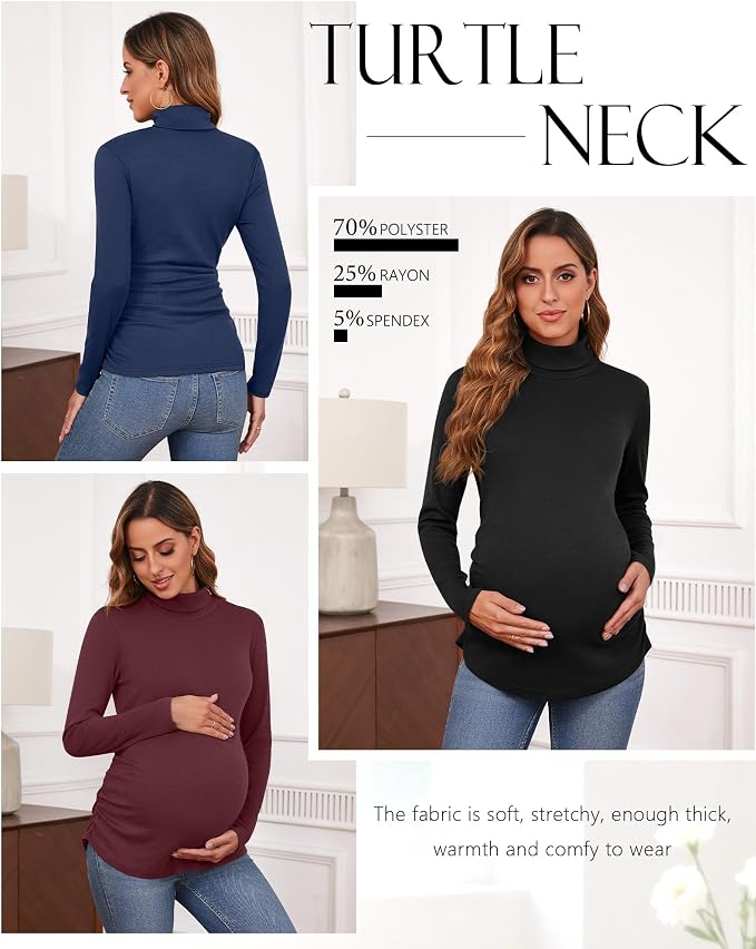Ficerd 3 Pack Women's Maternity Shirts, Turtleneck Long Sleeve Pregnancy Tops - Image 3
