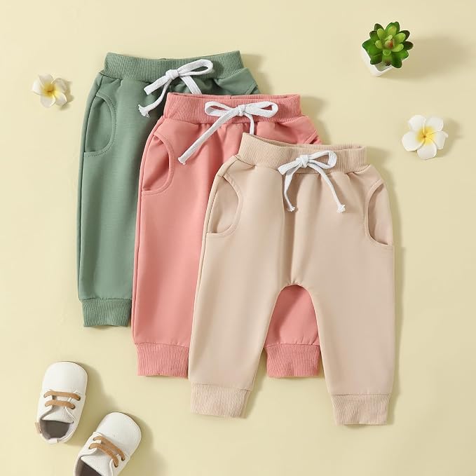 Sejardin Toddler Baby Boy Girl Pants 3 Pack Solid Color Elastic Waist Jogger - Image 2