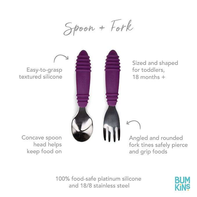 Bumkins Toddler Utensils, Kids Size Fork and Spoon Set, Silicone and - Image 4