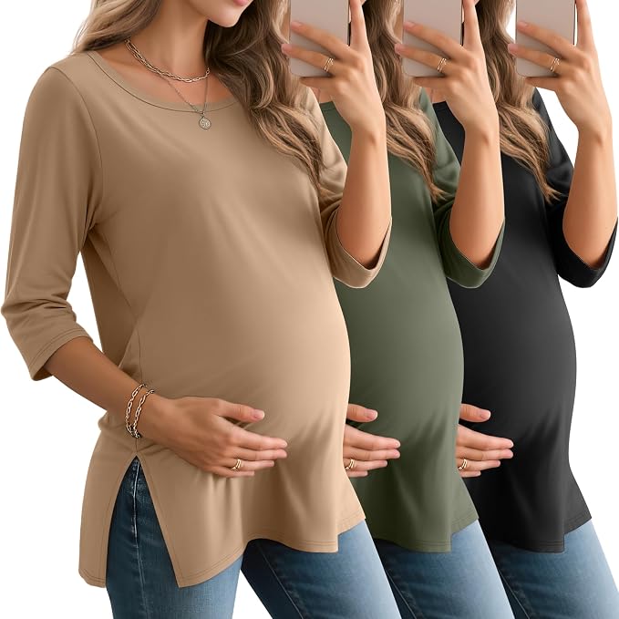 3 Pack Women's 3/4 Sleeve Maternity Shirts Elbow Length Clothes Round Neck by Baggyfly