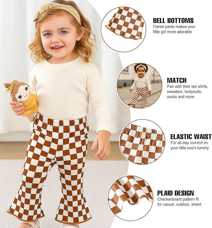 SOBOWO Checkered Baby Girl Flare Pants 3 Pack Toddler Bell Bottoms Plaid Ruffle - Image 4