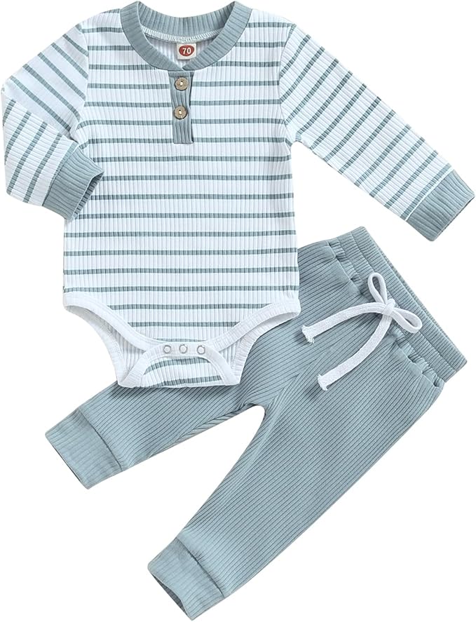 Newborn Baby Boy Girl Clothes Ribbed Knitted Long Sleeve Romper Pants Solid by MABABY