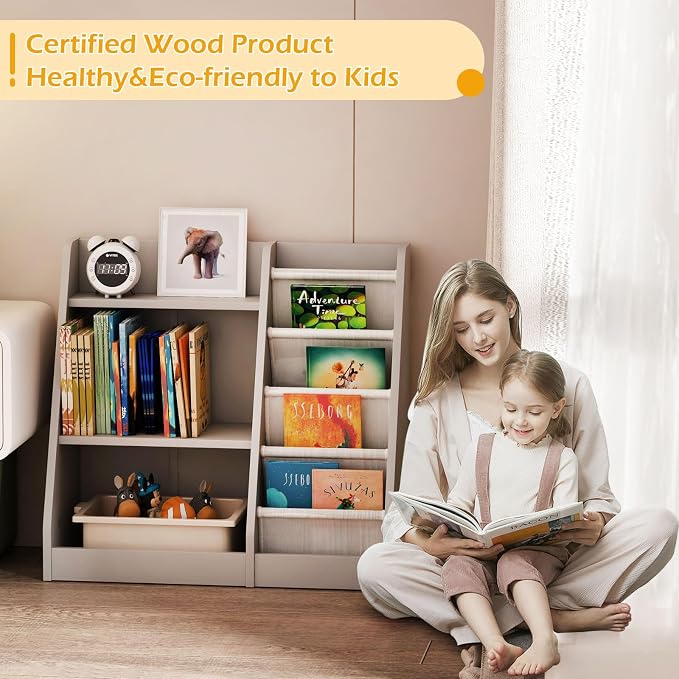 Gray Nursery Bookshelf for Kids 3 Tier Wood Shelf 4 Sling Baby Toddler Bookcase - Image 6
