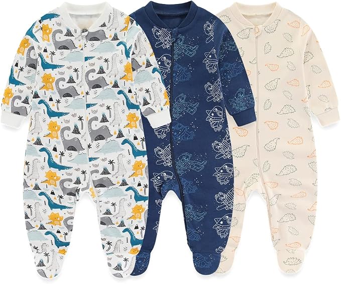 Newborn Baby 2-way Zipper Romper Cotton One-piece Jumsuit 3-pack, 0-24 Months by MAMIMAKA