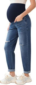 POSHGLAM Women's Maternity Jeans Over Belly Comfy Stretch 28'' Boyfriend Jeans by POSHGLAM