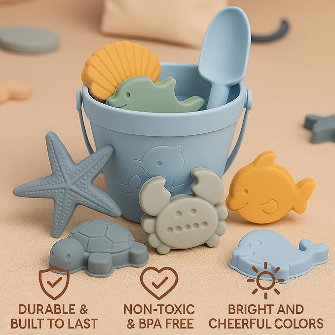 Baby Beach Toys for Toddlers 1-3, Collapsible Silicone Beach Bucket Shovel Set - Image 2