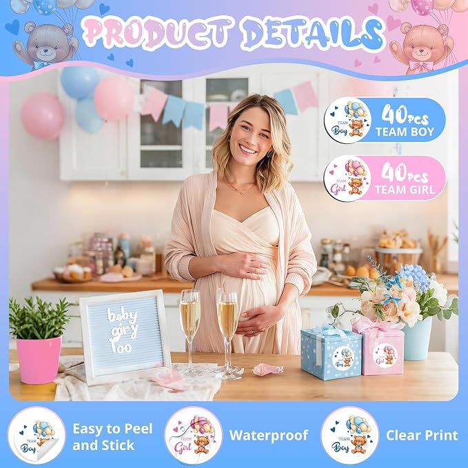 80Pcs Cute Bear Gender Reveal Stickers Roll, 2 Inch Team Boy Team Girl Gender - Image 3