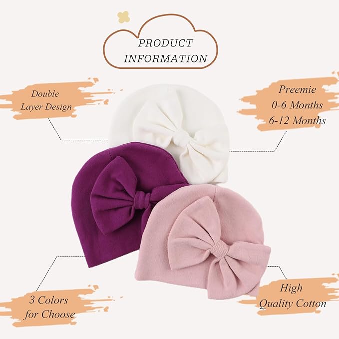 Bamery Newborn Baby Girl Hat Cotton Baby Bow Beanie Preemie Hats Spring Infant - Image 2