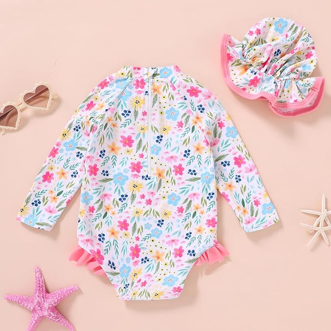 Infant Baby Girl Swimsuit One-Piece Long Sleeve Rash Guard - Image 3