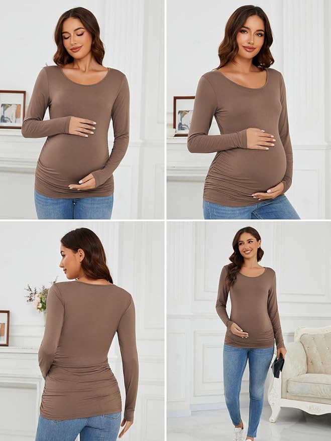 Ecavus Women's Maternity Shirts Long Sleeve Soft Stretchy Pregnancy Tops Side - Image 5