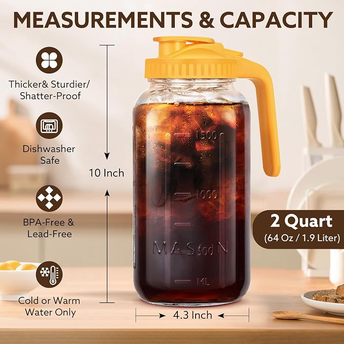 Glass Pitcher with Lid, 64 OZ Mason Jar Pitcher Double Leak Proof, 2 Quart - Image 4