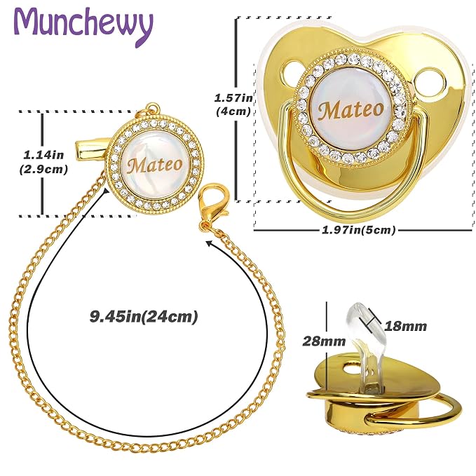 Personalized Pacifier with Name, Bling Gold Pacifier Clip Set with Gift Box - Image 3