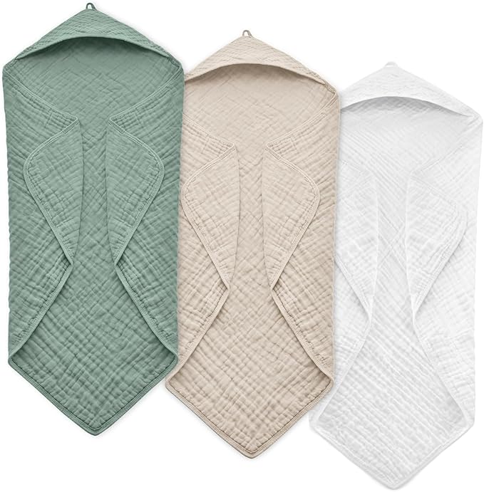 Hooded Baby Towels for Newborn, 35x35 Inch 3 Pack 100% Muslin Cotton Baby Bath by EveryNewMothersChoice