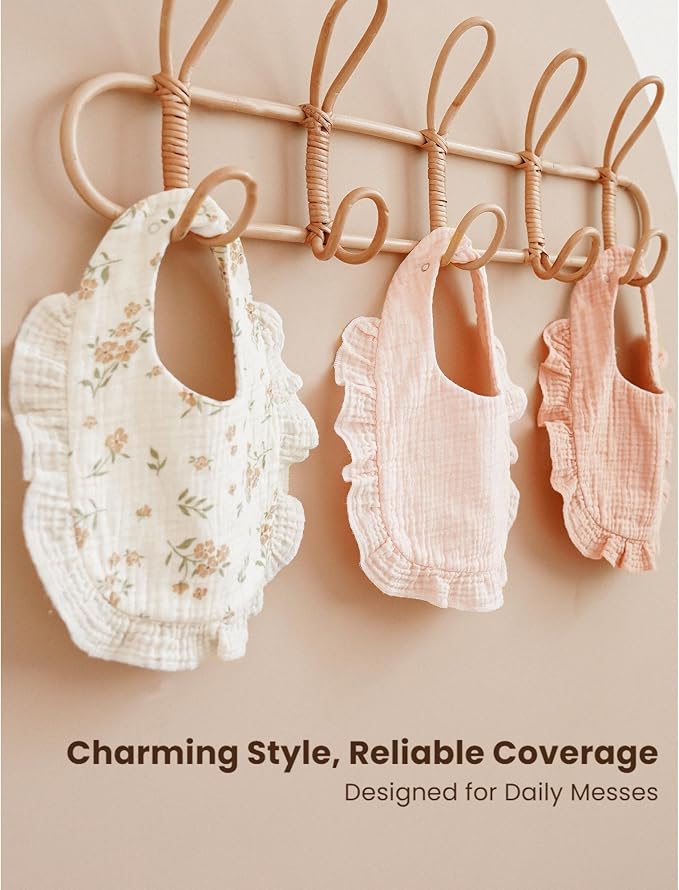 Konssy Muslin Baby Bibs for Girls – Soft 100% Cotton Drool Bibs, Ruffle Trim - Image 6