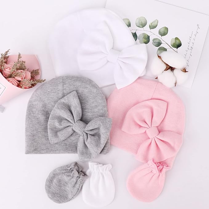BQUBO Newborn Baby Girls Hats Mittens Set Hospital Hat Beanie Infant Bow Hats - Image 3