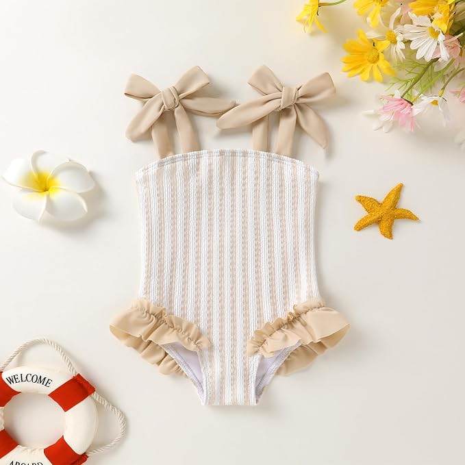 Happy Town Toddler Swimsuit Girl Solid Color Stripe One-Piece Baby Bathing Suits - Image 2