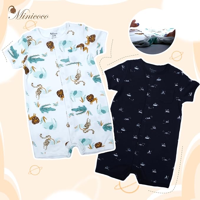 3-Pack 100% Cotton Baby Boy Rompers, 0-24Months Short Sleeve Toddler Romper - Image 3