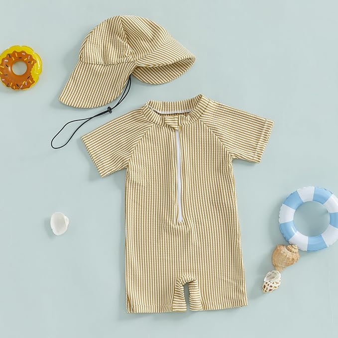 Toddler Baby Boys Seersucker Short Sleeve One Piece Rash Guard Swimsuit Zipper - Image 2