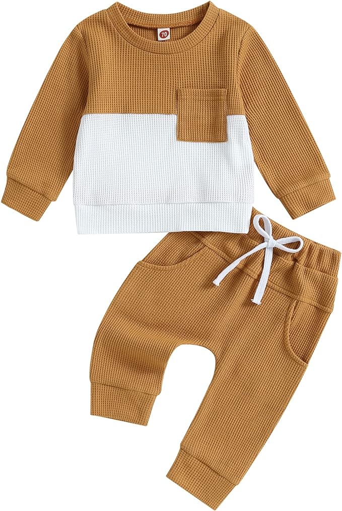 Toddler Baby Boy Fall Clothes Waffle Contrast Color Sweatshirt Pants Sets by GGBNOMER