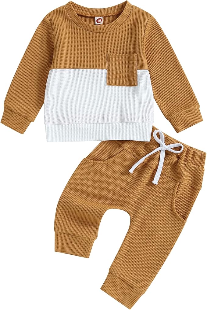 Toddler Baby Boy Fall Clothes Waffle Contrast Color Sweatshirt Pants Sets by GGBNOMER