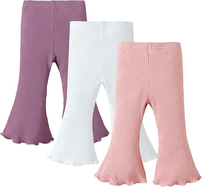 SOBOWO Baby Girl Flare Pants 3 Pack Toddler Solid Ribbed Ruffle Bell Bottoms by SOBOWO