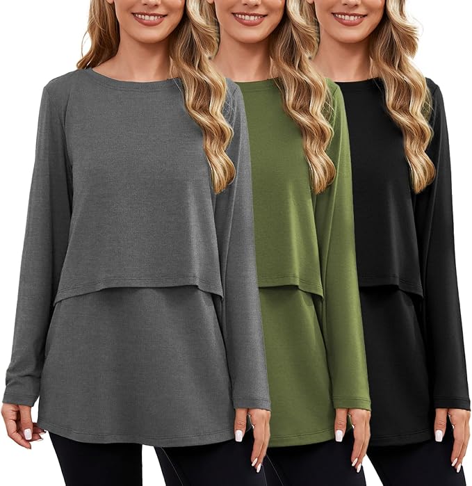 Ecavus Women's 3Pack Maternity Nursing Shirts Long Sleeve Double Layer by Ecavus