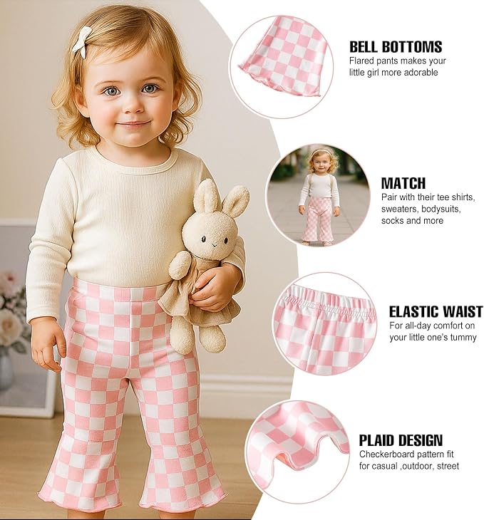 SOBOWO Checkered Baby Girl Flare Pants 3 Pack Toddler Bell Bottoms Plaid Ruffle - Image 4