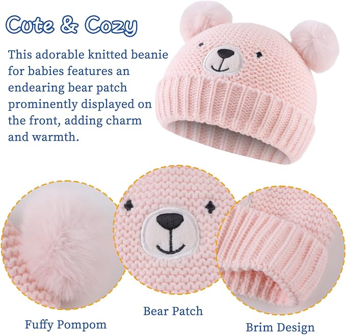 JANGANNSA Cute Bear Baby Beanie Pompom Baby Boys Hat Infant Toddler Winter - Image 3