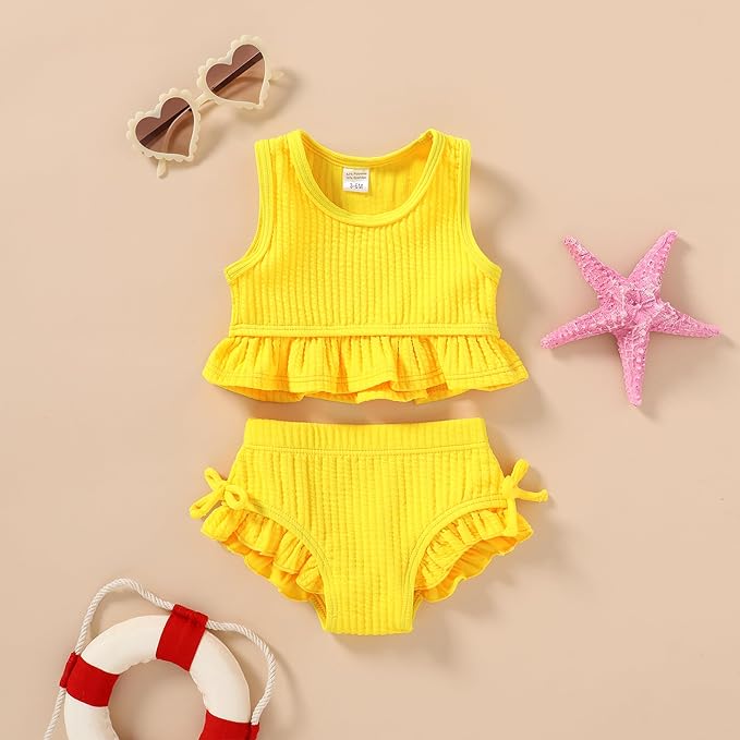 HAPPYMA Baby Swimsuit Toddler Girl Bathing Suit Summer Solid Color Bikini Set - Image 2