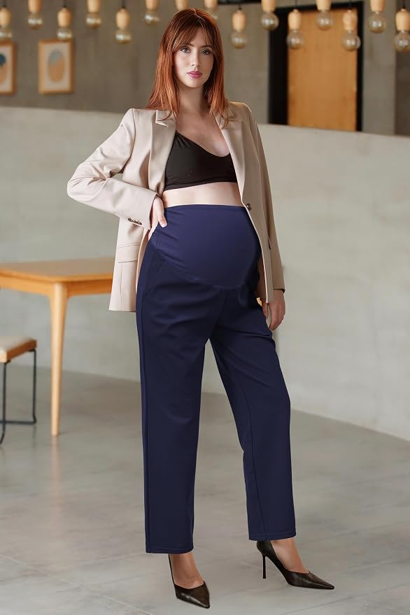 OUGES Womens Stretchy Maternity Over Belly Casual Work Straight Leg Pants Ankle - Image 4