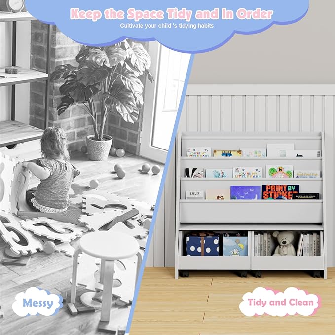 Kids Bookshelf with Two Movable Drawers Toddler Bookcase with Toy Storage - Image 6