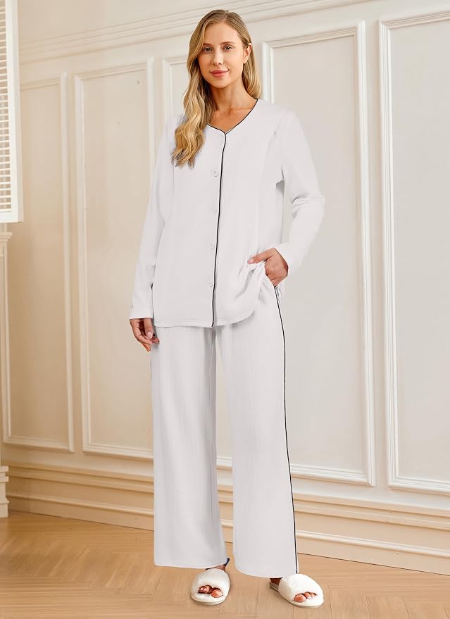 OUGES 100% Cotton Women's Maternity Nursing Pajamas Sets Button Down - Image 5