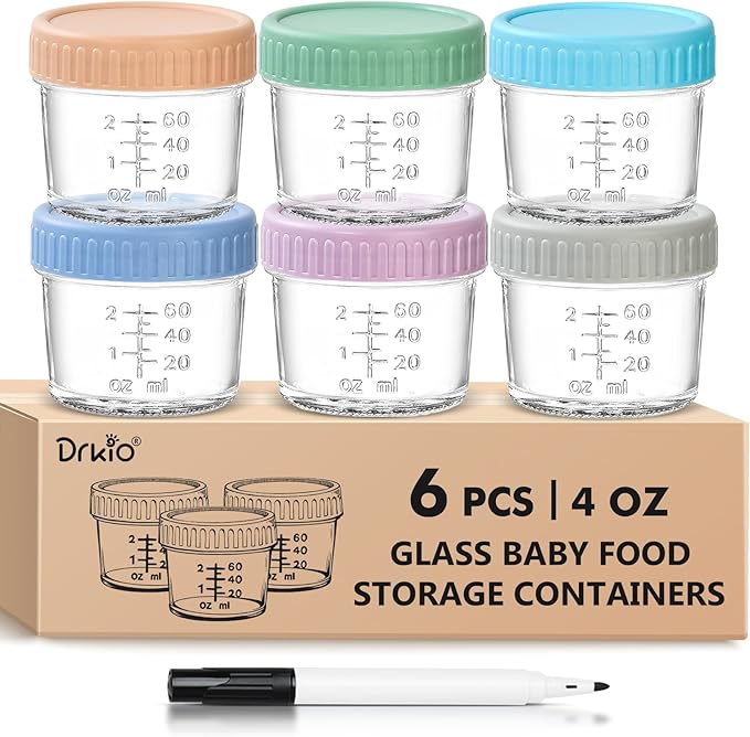 DRKIO 6 Pack Glass Baby Food Storage Containers - 4 Oz Baby Food Jars by DRKIO