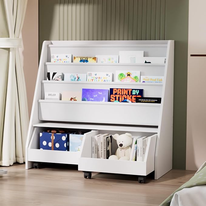 Kids Bookshelf with Two Movable Drawers Toddler Bookcase with Toy Storage by HedoAjim