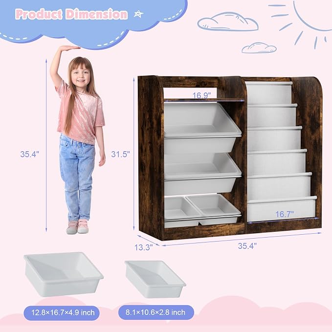 Rustic Kids Wood Bookshelf Toy Storage Box Organizer Shelf W/4 Removable - Image 2