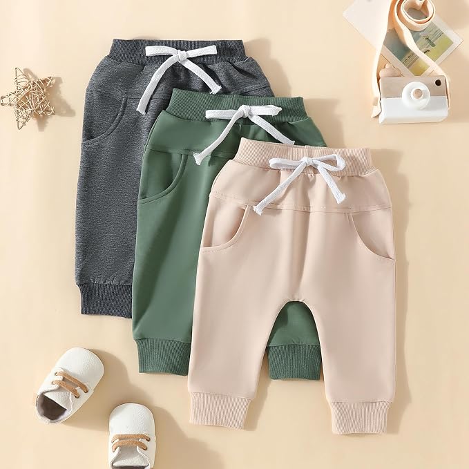 Sejardin Toddler Baby Boy Girl Pants 3 Pack Solid Color Elastic Waist Jogger - Image 2
