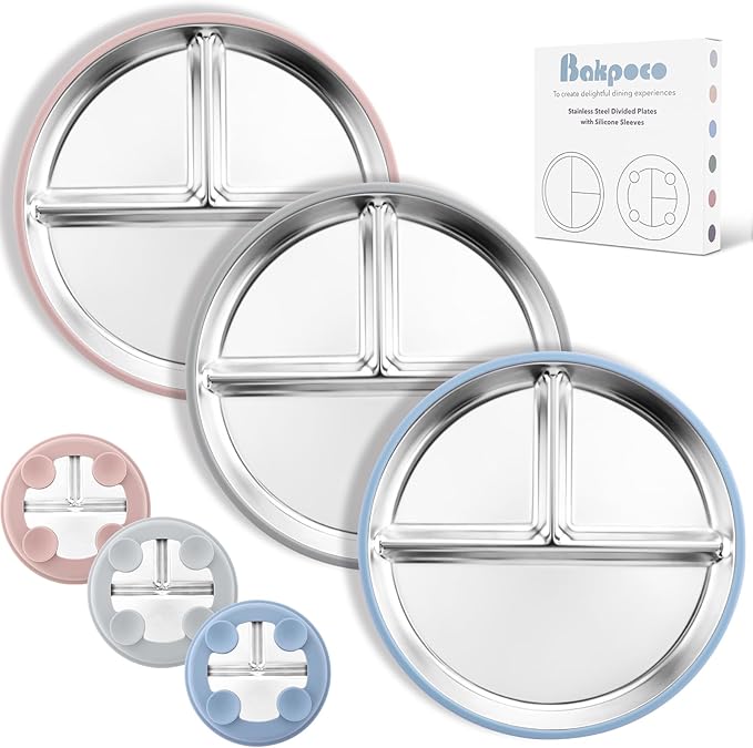 Stainless Steel Suction Plates for Toddlers, Non Toxic Non Slip Portion Control by Bakpoco