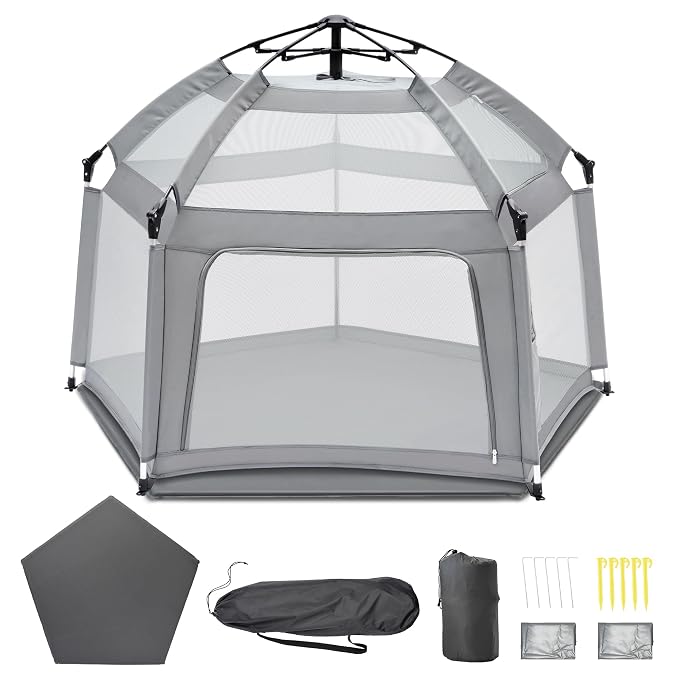 Portable Baby Playpen with Inflatable Mattress & Sunshade, Outdoor Baby Playpen by UPHUNAL