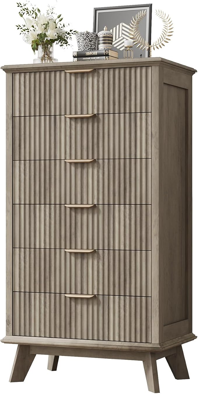 QUW Fluted 6 Drawer Dresser for Bedroom, Modern Tall Chest of Drawers by QUW