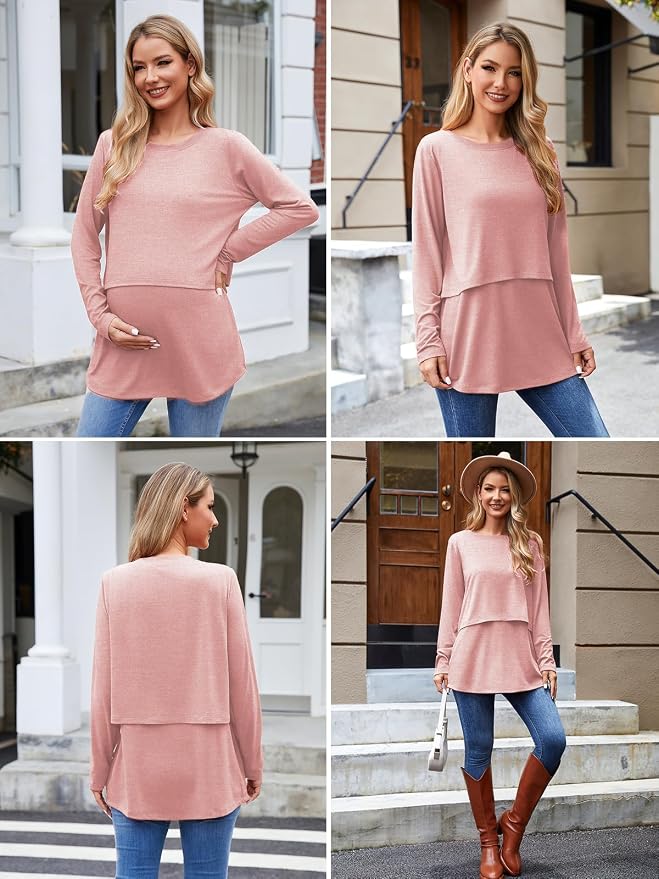 Ecavus Women's 3Pack Maternity Nursing Shirts Long Sleeve Double Layer - Image 6
