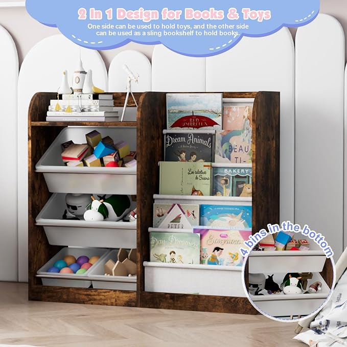 Rustic Kids Wood Bookshelf Toy Storage Box Organizer Shelf W/4 Removable - Image 7